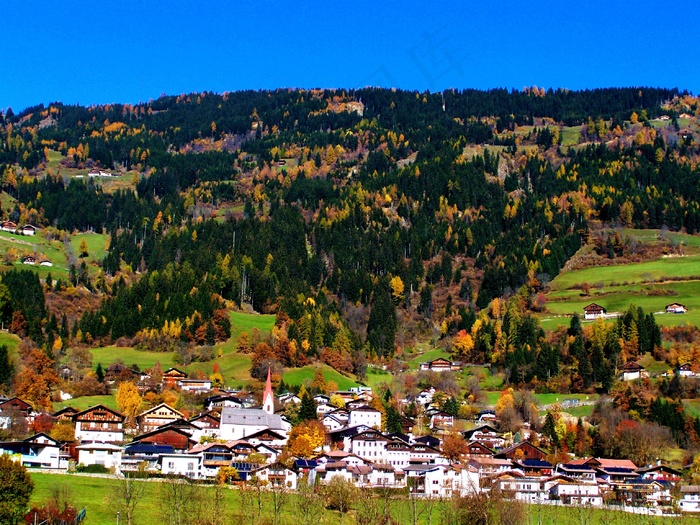 高山村庄，风景，蓝天