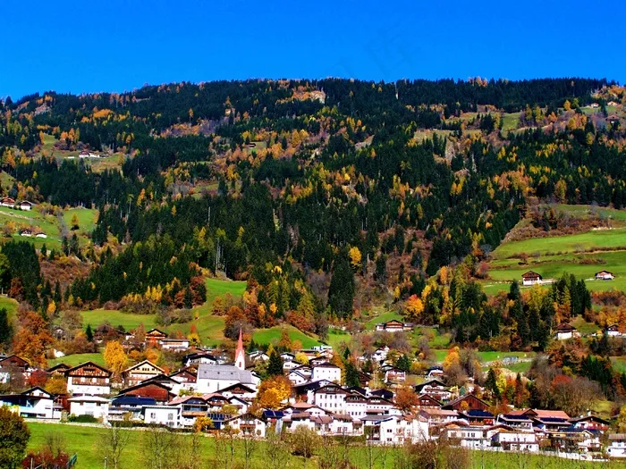 高山村庄，风景，蓝天