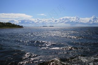 水，海，闪光，波浪，土地一角，天空，云