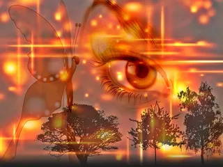 眼睛，蝴蝶，晚上，天空，灯光效果，女人