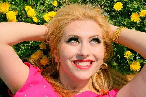 女孩，肖像，粉红色，鲜花，诱惑，微笑，美