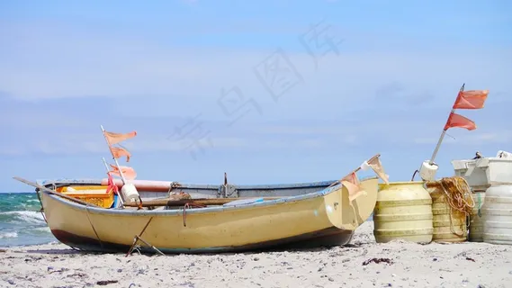 海滩，靴子，渔船，沧海，沙，国旗，天空，海岸