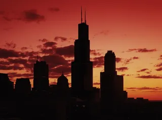 芝加哥，日落，晚上，摩天大楼，城市，天际线
