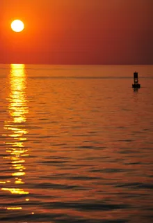 日落，水，海洋，浮标，黄昏，天空，反射