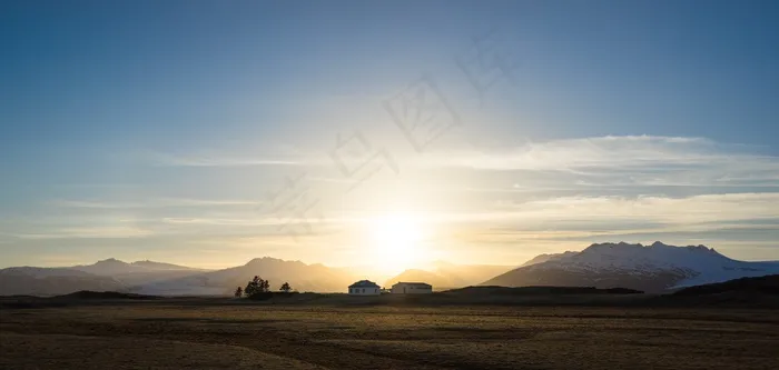 景观，房屋，农场，阳光，傍晚，日落