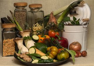 静物，蔬菜，集装箱，谷物，豌豆