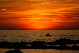 海，日落，大气，景观，船，太阳，地平线