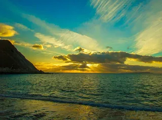 海，日落，地平线，云，阳光