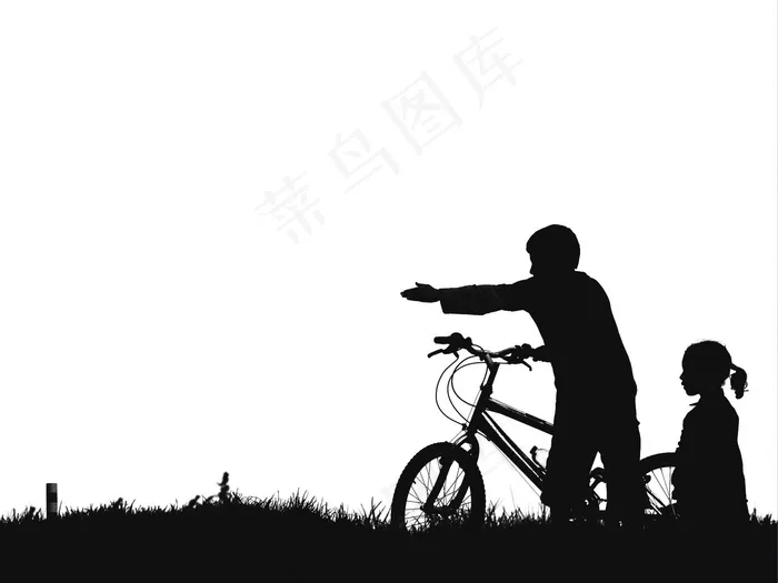 孩子们，自行车，剪影，黑色和白色，指向