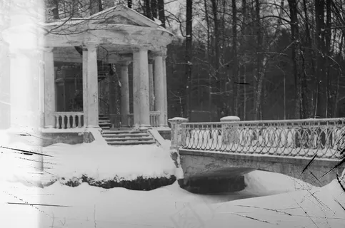 钢笔画,冰雪,建筑,村道,棚桥,被遗弃的公园