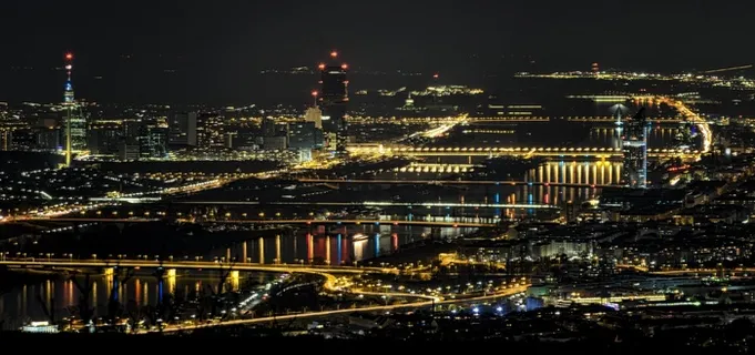 多瑙河，维也纳，奥地利，河，夜，灯