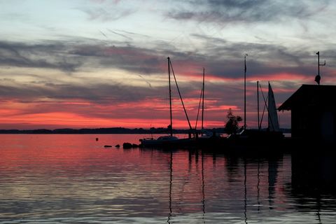 日落，湖，船，云，Abendstimmung，反射