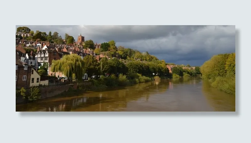 布里奇诺斯，河，什罗普郡，水位高，日落