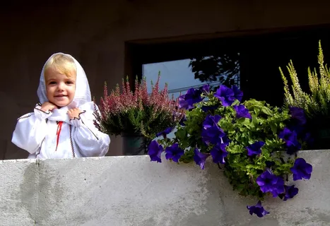 儿童，女孩，传统，农妇，鲜花，阳台