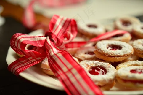 饼干,包,蛋糕,玫瑰花,甜品,板的丝带和弓圣诞饼干