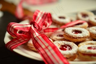 饼干,包,蛋糕,玫瑰花,甜品,板的丝带和弓圣诞饼干