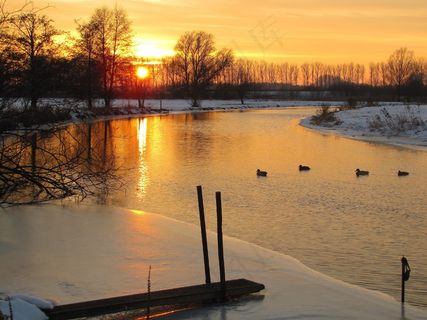 日落,雪景,鸭子,河 日落,雪景,鸭子,河