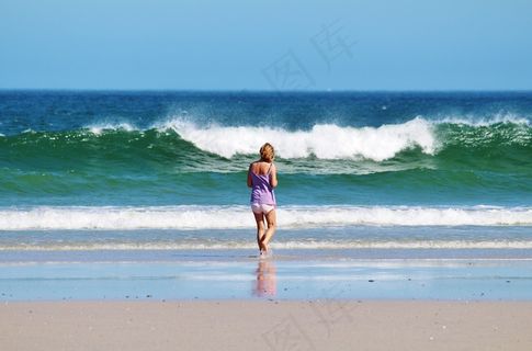 沧海，冲浪，波，海滩，在沙滩上散步，女人，太阳