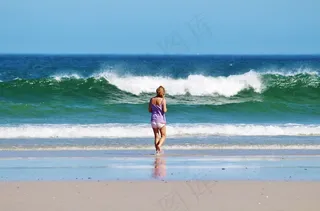 沧海，冲浪，波，海滩，在沙滩上散步，女人，太阳