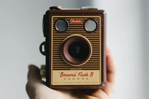 人类的手，握着老式相机