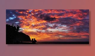 日落，海洋，一对，剪影，全景，天空