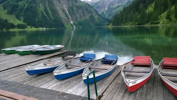 Vilsalpsee,Bergsee,阿尔高,船,坦海姆,全景 Vilsalpsee,Bergsee,阿尔高,船,坦海姆,全景