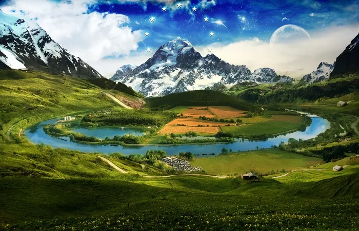 山，天空，云，风景，蒙太奇