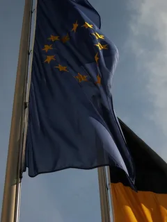 小旗，风吹，吹，欧洲，明星，欧洲，蓝色，欧盟，杆