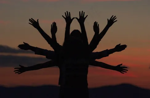 树，像，剪影，武器，人，乐趣，黄昏