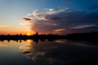 日落，云团，太阳，暮光之城，红色，地平线，天空，湖泊