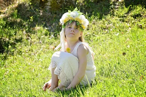 儿童，女孩，草地，草，绿色，出，头饰