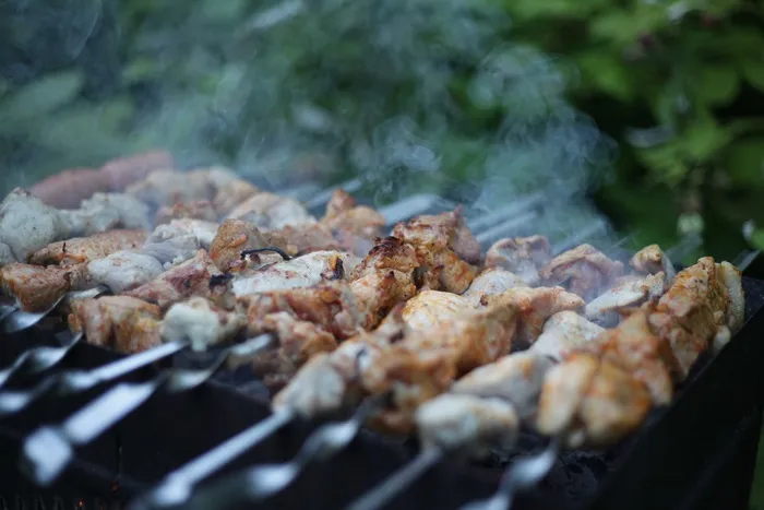 烤肉串，夏天，肉，芒果，在自然界