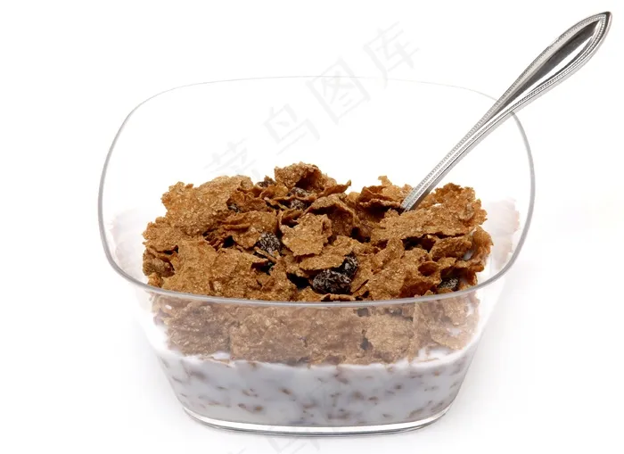 谷类，早餐，碗，葡萄干麸，牛奶，勺子，食品