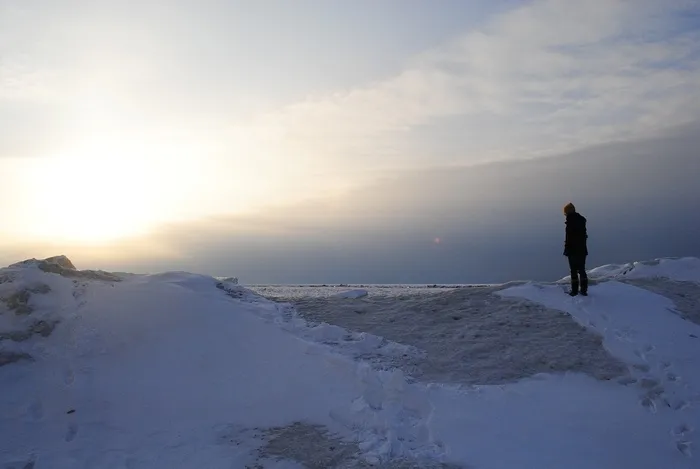 雪，冬天，脚印，人，日落，天空
