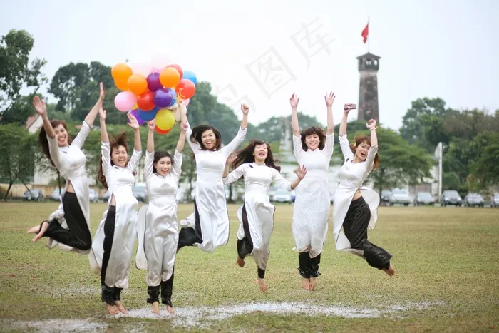 女孩，快乐，庆祝，跳，喜悦，气球，幸福