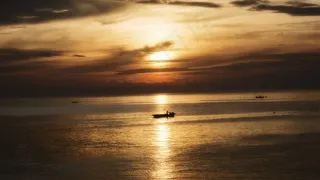 日落，船，船，海洋，大海，地平线，天空，云