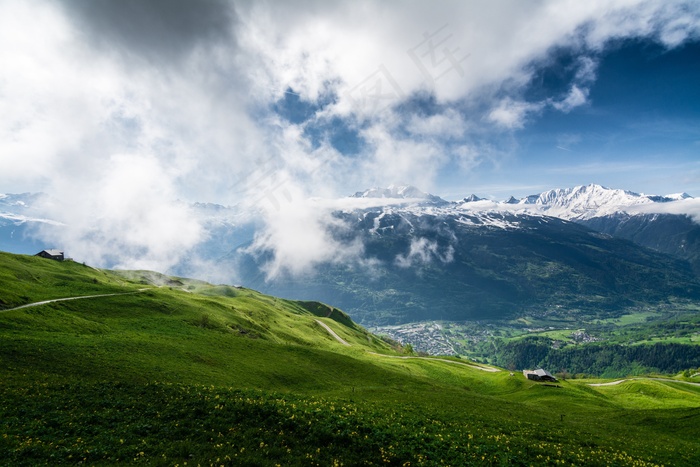 山，天空，春天，云团，雪，蓝色，白色，绿色