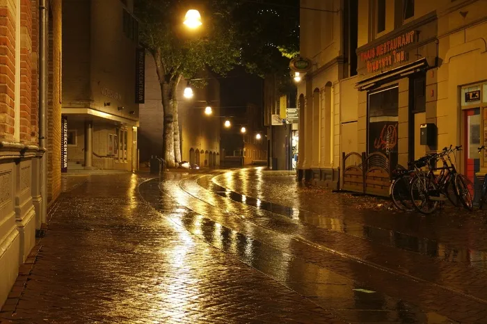 湿街，夜，反射，光，雨，湿气