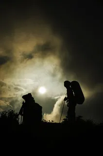 剪影，背包，徒步，登山者，日落