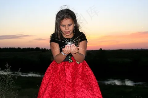 女孩，明星，敬畏，儿童，闪耀，裙子，红色，日落