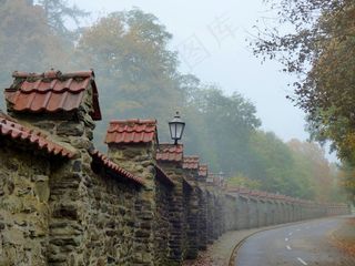 雾，修道院，Clervaux，旧墙，魔法的气氛