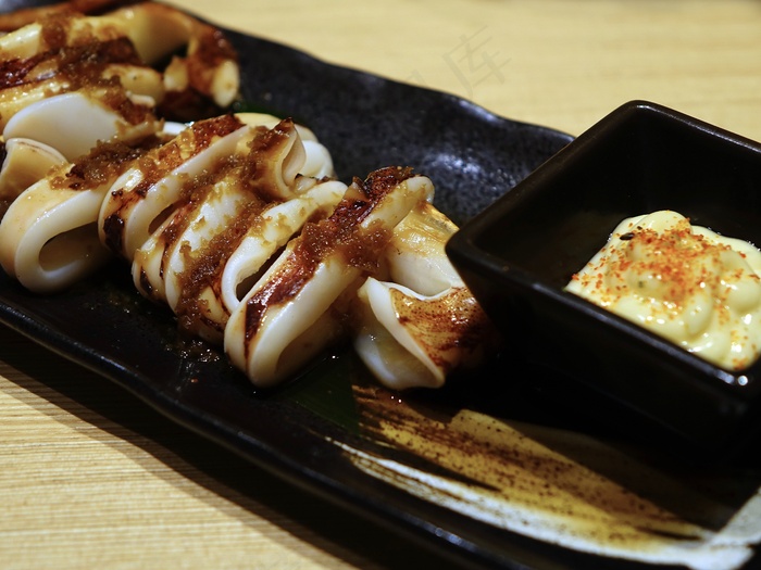 鱿鱼，日式，烤，海鲜，食品，海，盘子