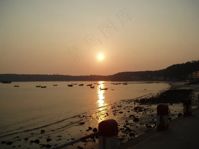 日落，海滩，码头