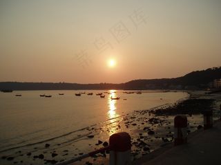 日落，海滩，码头