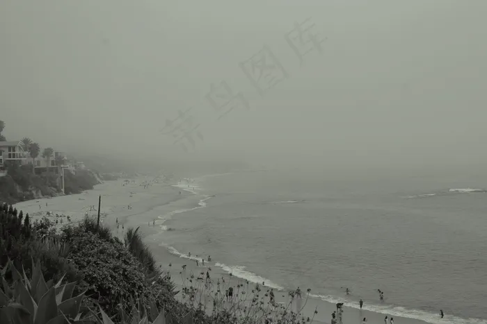 现代建筑,街道,江河,树,堤坝,海黑色和白色阳光明媚的海滩