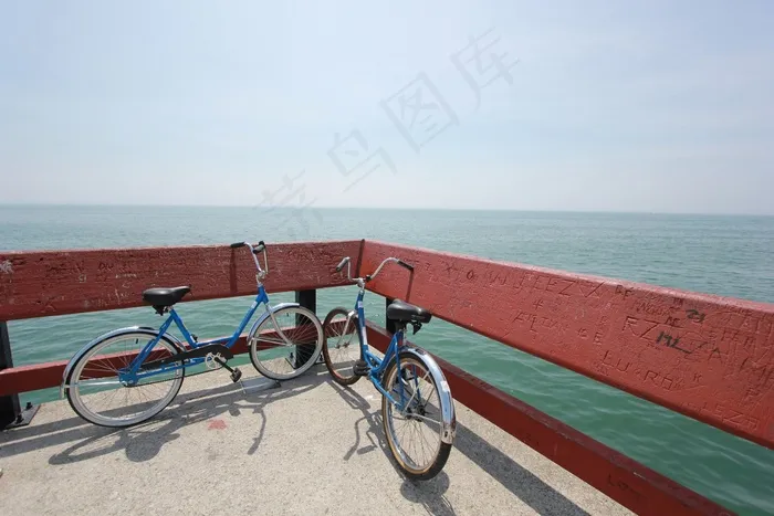 自行车，自行车，码头，栏杆，海洋，大海，水