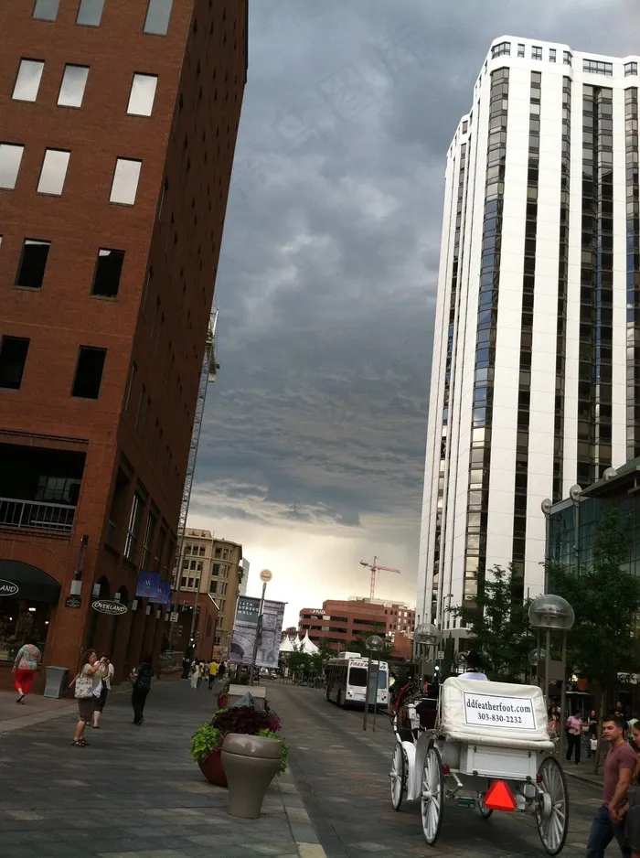 丹佛，风暴，云团，天际线，街，马车