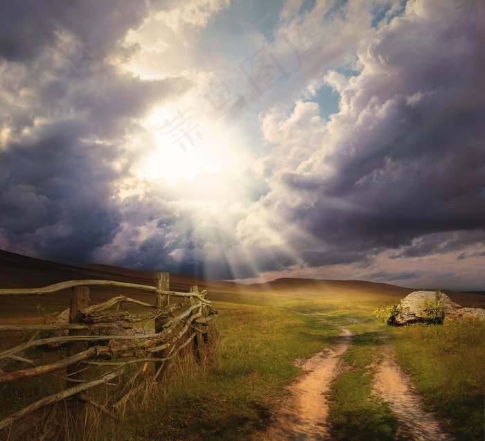 幻想，风景，山脉，田野，道路，云