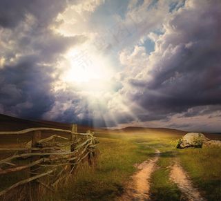 幻想，风景，山脉，田野，道路，云