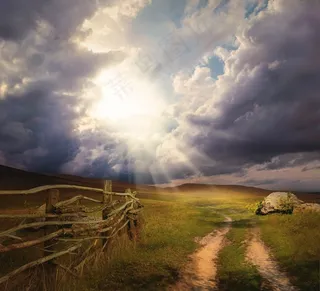 幻想，风景，山脉，田野，道路，云